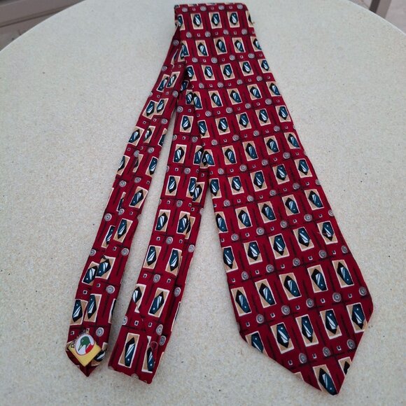 Duck Head Red Silk Necktie With Geometric Pattern & Unique Duck Logo Design - Picture 2 of 6
